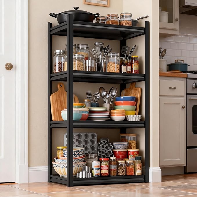 Kitchen Shelves, Adjustable Height Kitchen Shelving Unit, 1600Ibs Heavy Duty Storage Shelves, Kitchen Shelf Organizer, Ideal for Pantry, and Garage Storage Solutions, 23.6"Wx13.8"Dx54"H, Black