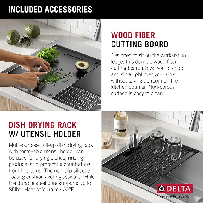 DELTA FAUCET Rivet 25-Inch Workstation Kitchen Sink Drop-In Top Mount 16 Gauge Stainless Steel Single Bowl with WorkFlow Ledge and Chef’s Kit of 5 Accessories, 95A931-25S-SS