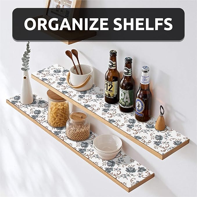 FIFTY FEET 12X120 Inch Shelf Liner for Kitchen Cabinets, PVC Drawer Liner for Dresser Non-Slip Bathroom, Non-Adhesive Cabinet Liner Washable (Black Floral)(7 Roll)