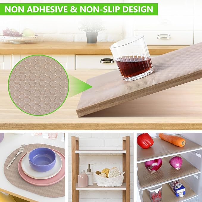 Beige Shelf Liners for Kitchen Cabinets Non Adhesive Drawer Liner for Bathroom Waterproof Refrigerator Liners for Shelves Fridge Plastic Mats Cabinet Cupboard Liner 11.8 x 118 Inches
