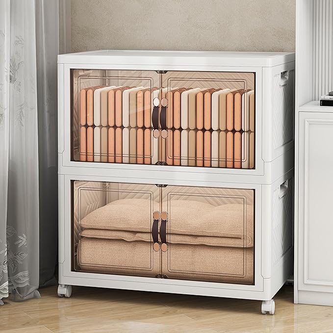 Storage Bins with Lids and Wheels, 314QT-157QT*2Tier Collapsible Bathroom Storage Cabinet with Clear Doors, Plastic Stackable Closet Organizers and Containers White