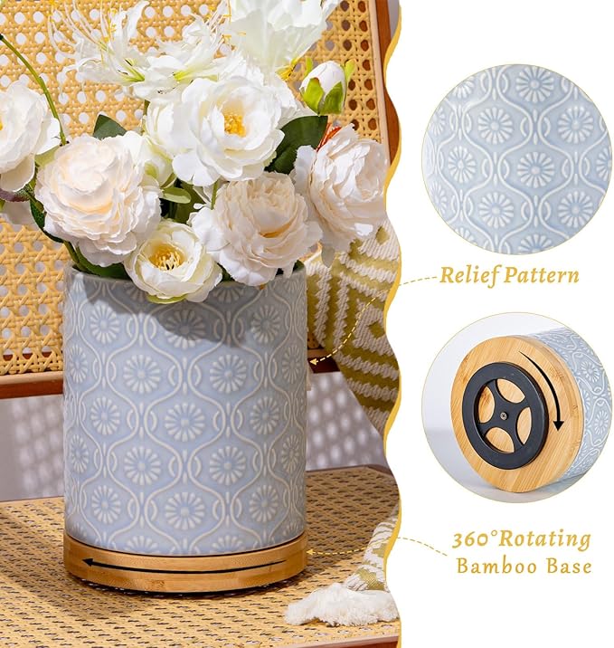 TEATALK Utensil Holder Set of 2, 7.7"+5.7" Ceramic Kitchen Utensil Holder for Countertop, Farmhouse Vintage Utensil Crock, 360° Rotating Large Utensil Organizer, Light Blue