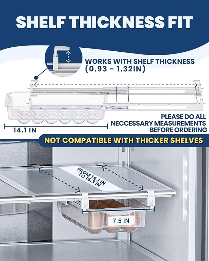 Skywin TidyFriend Refrigerator Egg Drawer 14"x7.5"x3.95" – Snap-On Egg Holder with Pull-Out Drawer, Holds 18 Eggs, Fits Flat Fridge Shelves 14.1–16.3 in Long and 0.93–1.32 in Thick