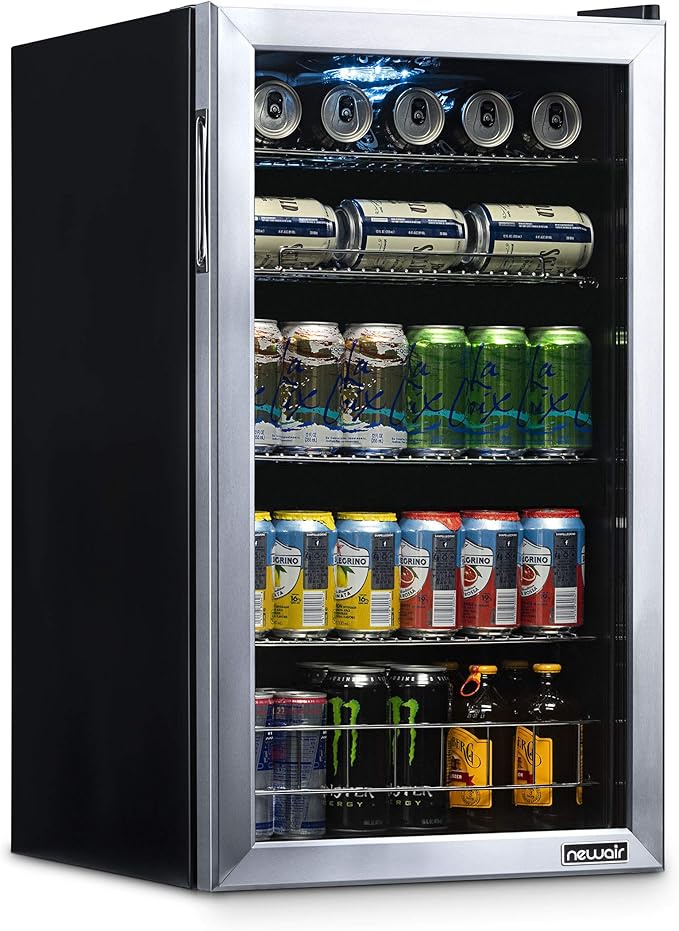 NewAir Beverage Refrigerator And Cooler, Free Standing Glass Door Refrigerator Holds Up To 126 Cans, Cools Down To 37 Degrees Perfect Organizer For Beer, Wine, Soda, Pop, And Cooler Drinks