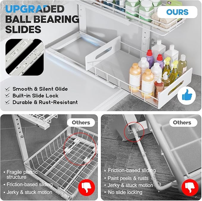 2 Pack 16.7 IN Depth Under Sink Organizer with Smooth Ball Bearing Slides,2-Tier Pull Out Cabinet Storage,Slide Out Drawers for Bathroom&Kitchen,Rust-resistant Coating,Height Adjustable-White