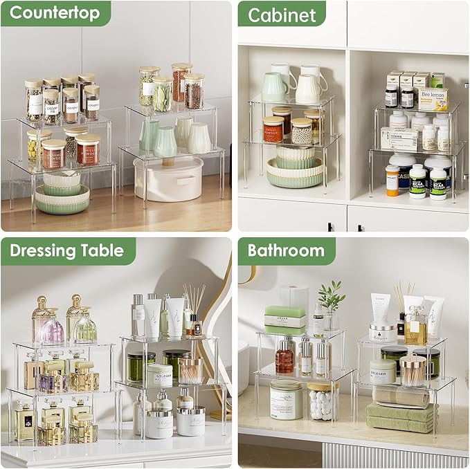 Delamu Clear Kitchen Cabinet Organizer, Set of 4 Acrylic Shelves Organizer for Kitchen Pantry Organizers and Storage, Stackable Cabinet Organizer Shelf for Plate & Dish, 11.7" D x 7.7" W x 6.3" H