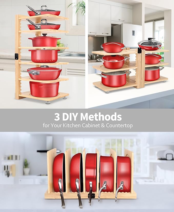 Pot and Pan Organizer under Cabinet - Collapsible Wood Pot Organizers inside Cabinet for Heavy Duty - 6-Tier Adjustable Pan Pack - Perfect to Store Pots/Pans/Lids