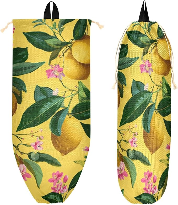 Plastic Bag Holder Wall Mount Grocery Bag Shopping Bag Storage Holder Organizer Dispenser with Adhesive Hook,for Kitchen Bathroom Home Decor 9x22 Inches Lemons and Floral Pink14