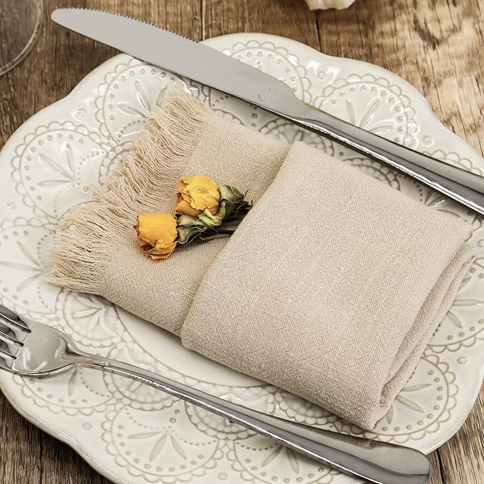 Handmade Cloth Napkins with Fringe,18 x 18 Inches Cotton Linen Napkins Set of 12 Versatile Handmade Square Rustic Fringe Napkins for Dinner, Wedding and Parties, Beige