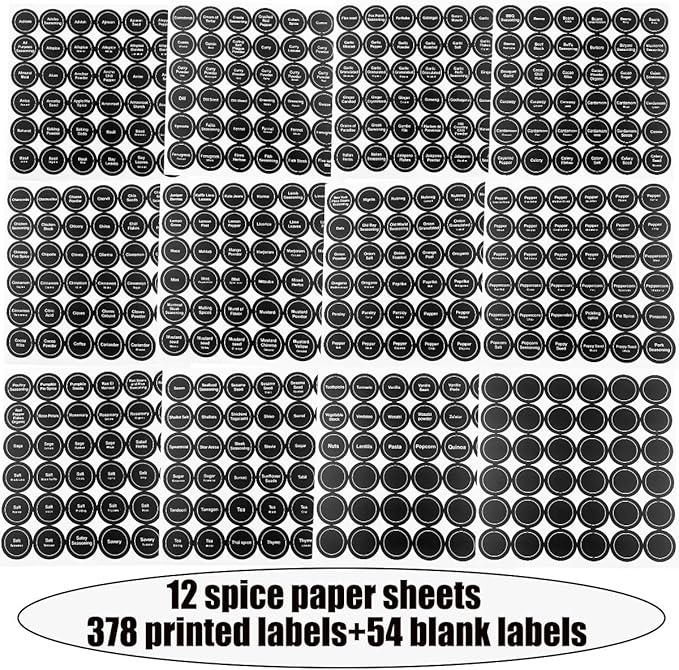 Spice Labels, 432Pcs Spice Labels Stickers 1.4in Waterproof Adhesive Round Preprinted Spice with Blank Label Black Tear Resistant Sticker for Kitchen Jars Caps Food Containers Spice Organizers