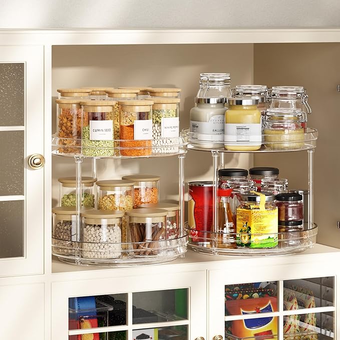 Optish 2 Set 2 Tier Lazy Susan Organizer for Cabinet, 9.5" Rotating Spice Rack Turntable Organizer for Pantry, Kitchen, Countertop, Bathroom, Vanity, Medicine Cabinet Organization