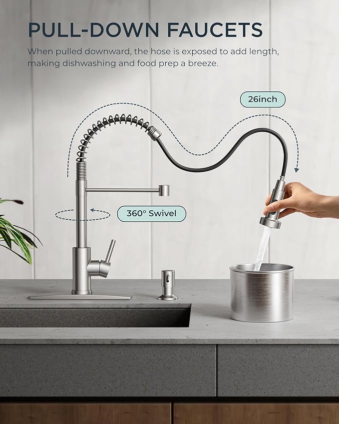 FORIOUS Kitchen Faucet with Soap Dispenser, Brushed Nickel Stainless Steel Spring Sink Faucet with Pull Down Sprayer Transitional Single Handle for Pot Filler, Farmhouse Camper Bar Laundry Room