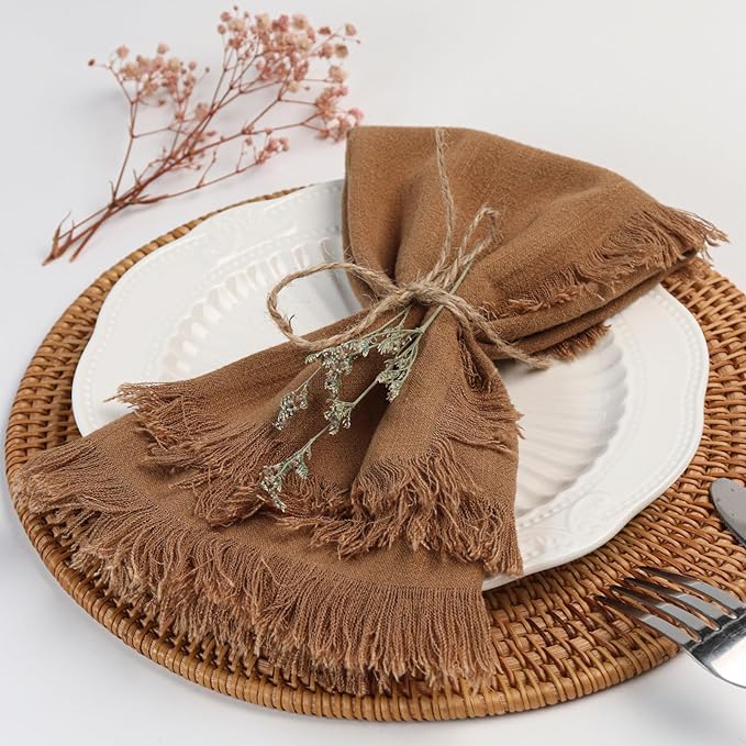 Handmade Cloth Napkins with Fringe,18 x 18 Inches Cotton Linen Napkins Set of 12 Versatile Handmade Square Rustic Fringe Napkins for Dinner, Wedding and Parties, Taupe
