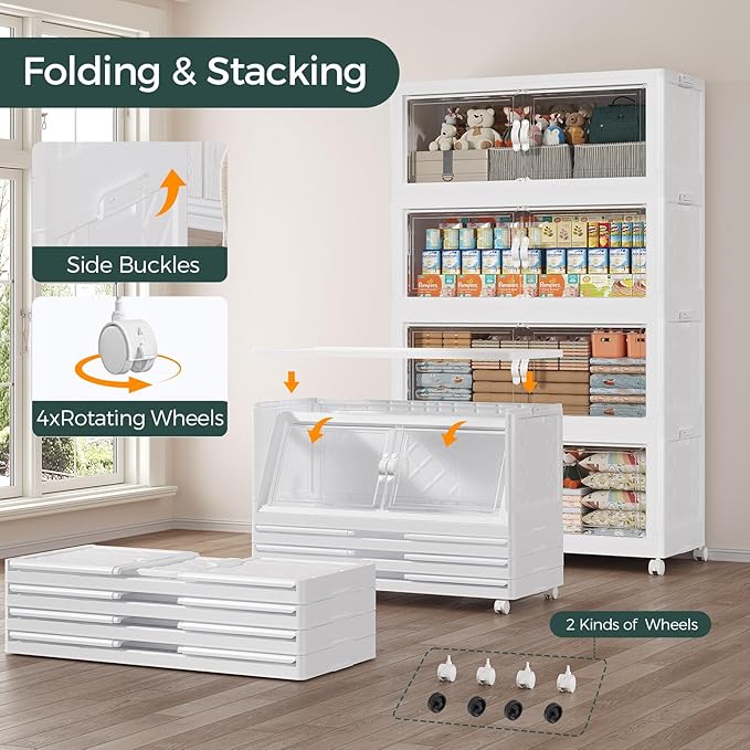 Atrasee 540QT Extra Large Stackable Storage Bins with Lid, 135Gal Collapsible Closet Organizer Box with Wheels, Folding Plastic Storage Cabinet with Doors for Home Bedroom Office Dorm, 3Pack White