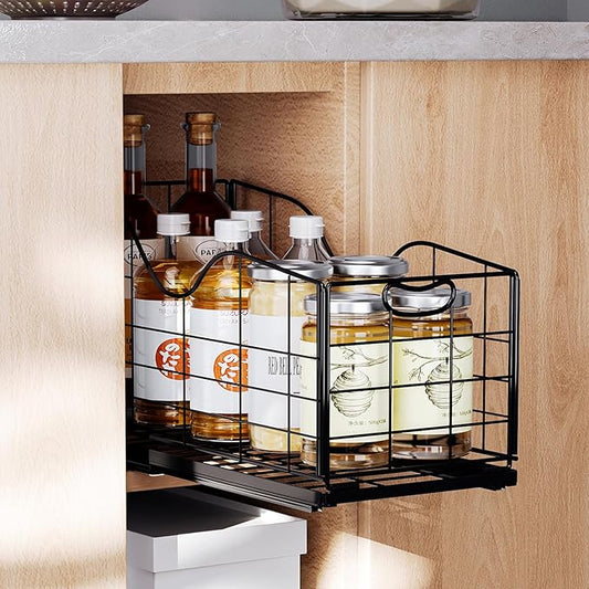 Narrow Cabinet Organizer,Carbon Steel Pull Out Cabinet Organizer,Fixed Heavy Duty Kitchen Cabinet Slide Out Shelves for Storing and Organizing Bathrooms, Kitchens, Bedroom (Black, Deep 16.7")