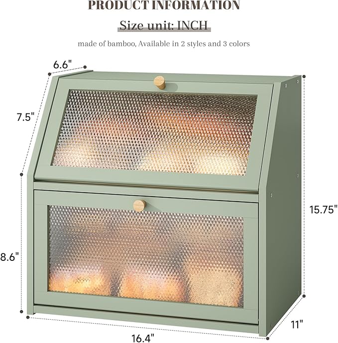 Bread Box for Kitchen Countertop Bin Double Layer Bread Box Storage Container Extra Large Capacity Farmhouse with Diamond Pattern Windows (Green, Extra Large)