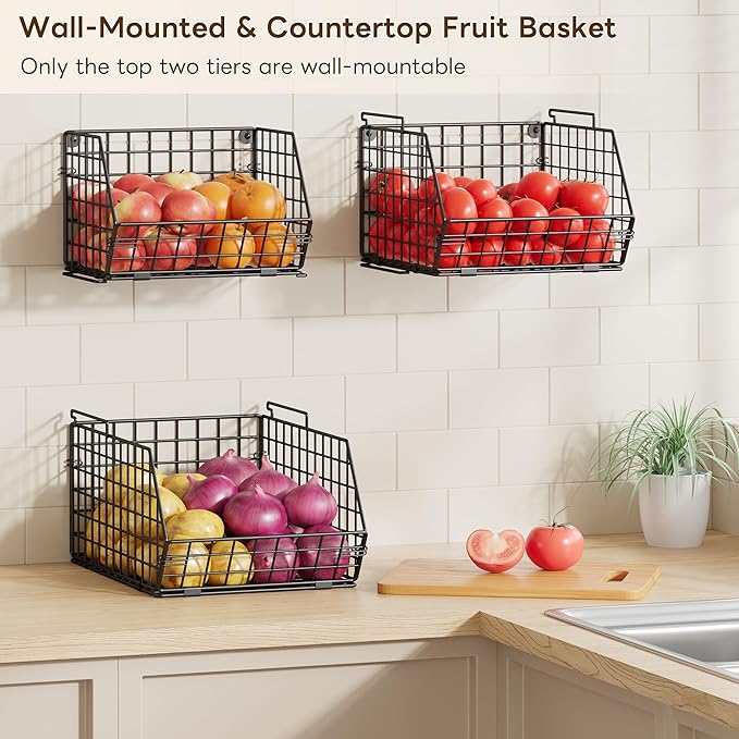 X-cosrack 3-Tier Stackable Fruit Basket for Kitchen Counter, Fruit and Vegetable Storage Basket- Potato and Onion Storage Bin, Wire Baskets for Pantry Organization- Metal Baskets for Produce Snack Can