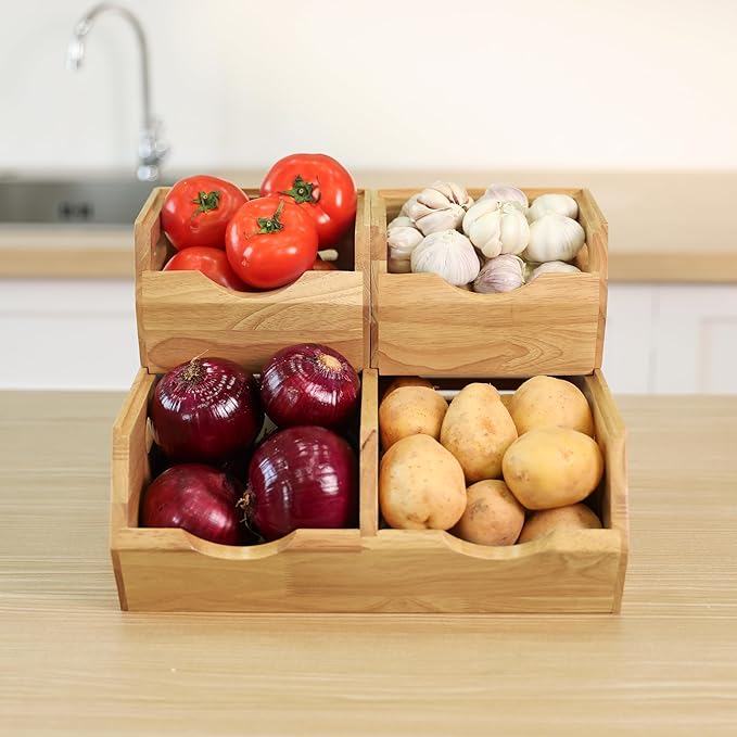 HOMESTEAD Wood Pantry Organizers Bins – Stackable Storage, Rustic Pantry Potato and Onion Storage with Unique Natural Grain, Wooden Basket with Handles, Set of 3 Pieces