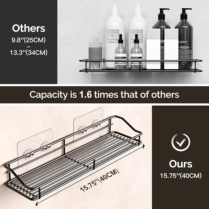 Orimade Adhesive Bathroom Shelf Organizer Shower Caddy Storage Basket Kitchen Spice Rack No Drilling SUS304 Stainless Steel Rustproof, 15.75 inch, Black