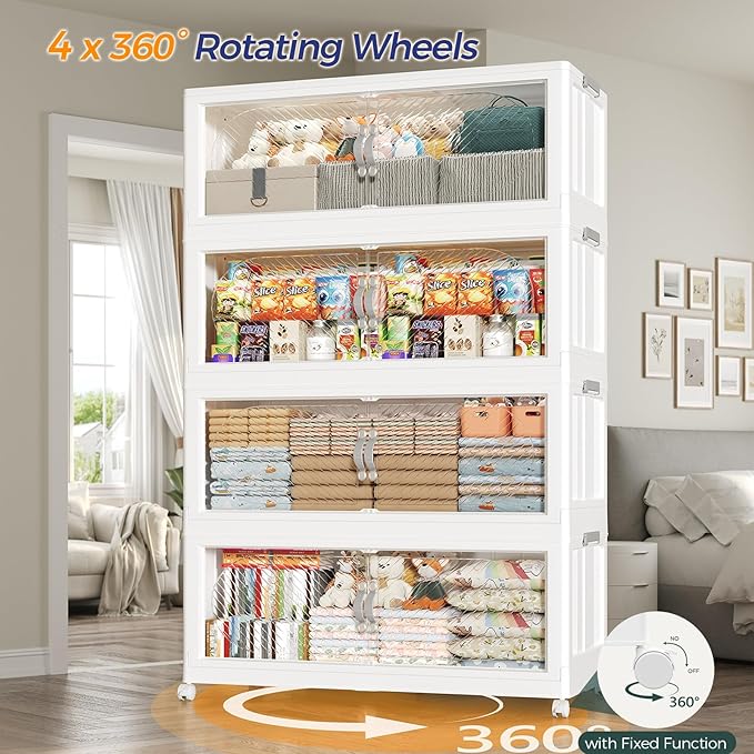 300QT Extra Large Stackable Storage Bins with Lid & Wheels & Doors, 75Gal Foldable Collapsible Closet Organizers, Plastic Cabinet Box Container Drawer for Home Kitchen Bedroom, 5Pack White
