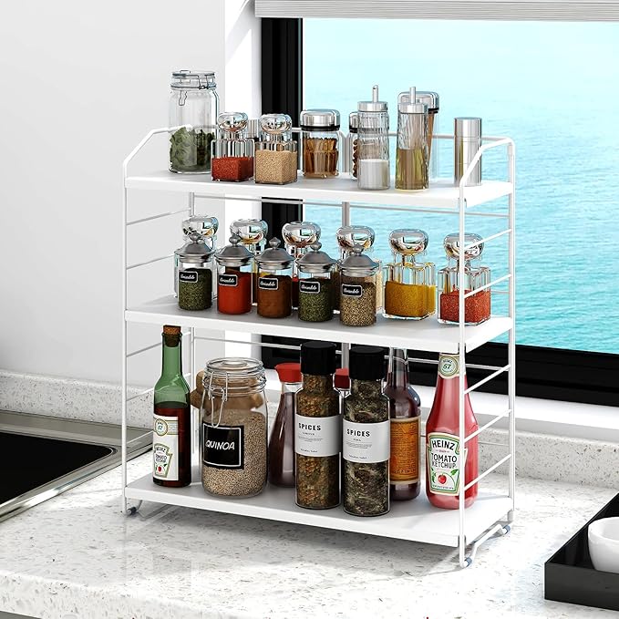 Bathroom Countertop Organizer, 3-Tier Bathroom Counter Organizer, 8-Levels Height Adjustable, Bathroom Organizer for Kitchen, Livingroom, Office Storage, Metal White
