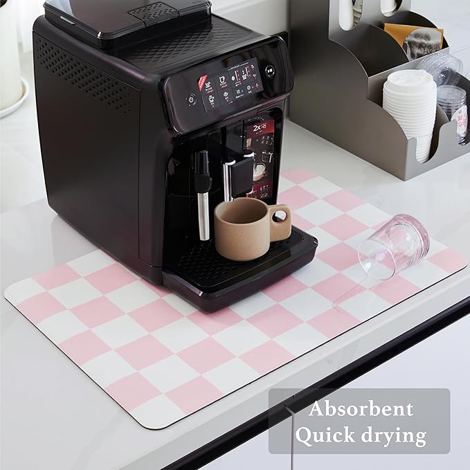 Checkered Dish Drying Mat for Kitchen Counter, Coffee Bar Station Accessories, Retro Cute Aesthetic Girly Women Modern Absorbent Drainer Mat Kitchen Drying Mat Easy Clean, Pink 12" x 19"
