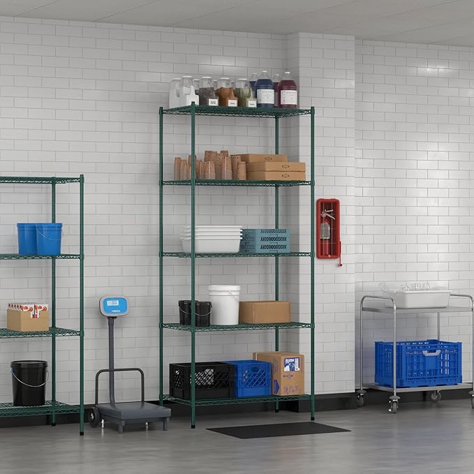 Commercial NSF Listed Green Epoxy Stationary Wire Shelving Kit 24" x 42" x 96", with 5 Shelves Perfect for Warehouse, Walk-in Refrigerator, Freezer, Grocery Store, Restaurant, Dishroom