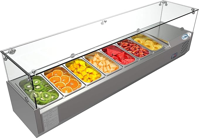 KoolMore Refrigerated Countertop Condiment Prep Station with Glass Sneeze Guard - Includes Seven 1/4 Pans, Silver, 59 Inch (SCDC-7T)