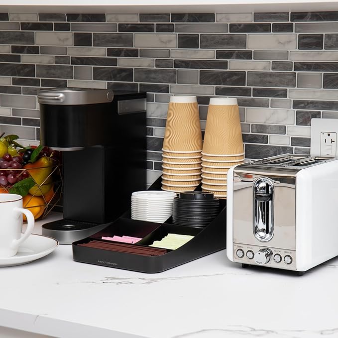 Mind Reader Cup and Condiment Station, Set of 2, Countertop Organizer, Coffee Bar, Kitchen, 7.25"L x 15.5"W x 5.25"H, Black