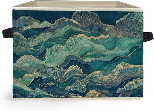 Abstract Waves Japanese Storage Box Bins, Blue and Green Oriental Japandi Collapsible Storage Basket Organizer for Bedroom Laundry Room Home Clothes Toys Books, Toybox for Kids