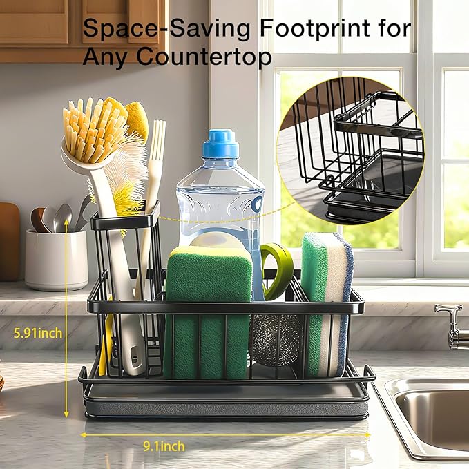 Kitchen Sink Caddy Organizer with Fast Drying Stone Tray, Rustproof Stainless Steel Sponge Holder for Kitchen Countertop, Diatomaceous Earth Mat for Soap Scrubber & Brush