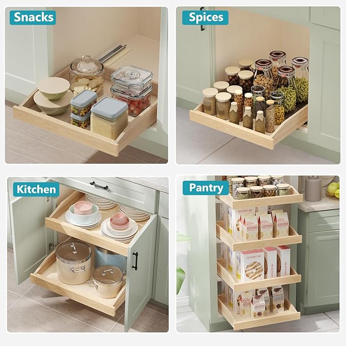 ROOMTEC Pull Out Cabinet Organizer with Soft Close, 16-1/2" W x 21" D, Pull Out Cabinet Drawer for Kitchen cabinets, Pull Out Cabinet Shelf, Finished, Bottom Assembly, 2PCS