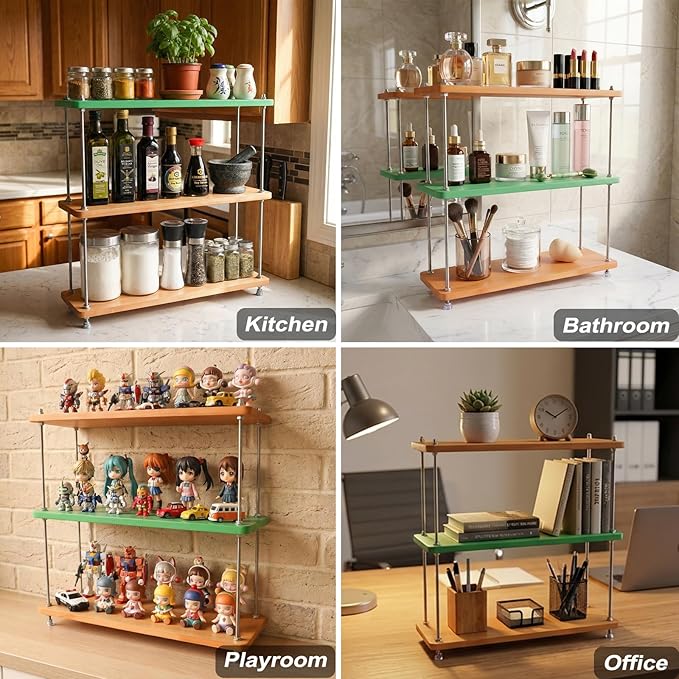 VINIUSIKI DIY Height-Adjustable 3 Tier Countertop Shelf Organizer, Kitchen Spice Rack for Countertop, Wood Coffee Counter Shelf Organizer for Home - 15.7"x5.7"x16.14" (LxWxH)