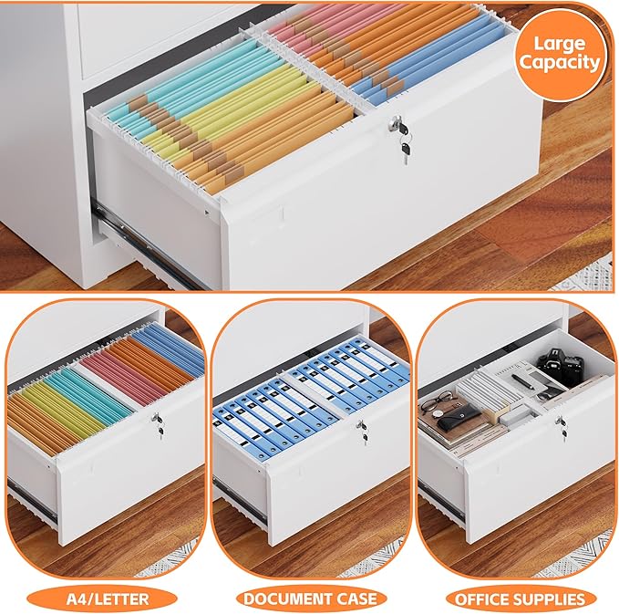 Metal Lateral File Cabinet, 2 Drawers Lateral Filing Cabinet, Office Wide Storage File Cabinet for Letter/Legal/A4 Size, Assembly Required