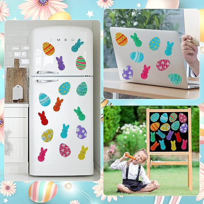 Muximud 16 Pcs Easter Diamond Art Magnets for Refrigerator DIY Eggs Bunny Diamond Painting Magnets Accessories Diamond Art Kits for Adults Easter Crafts Gifts Home Decor