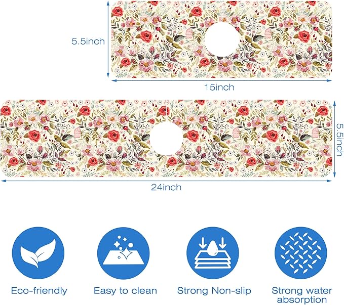 Abstract Red Pink Floral Dish Drying Mat for Kitchen Sink Splash Guard Behind Faucet Sink Mat Absorbent Fast Drying Faucet Draining Mat for Bathroom Kitchen 5.5"×15"