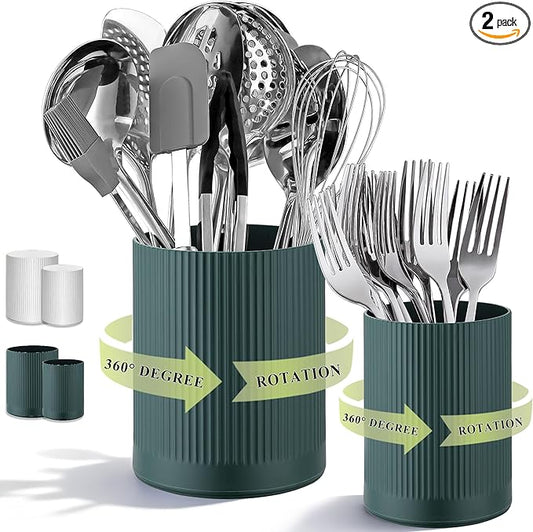 HOMQUEN 360° Rotating Utensil Holder, 6.3''+4.7'' Plastic Kitchen Utensil Holder for Countertop, Large Cooking Utensil Crocks for Kitchen Decor, Utensil Organizer for Spatula, Set of 2 (Green)