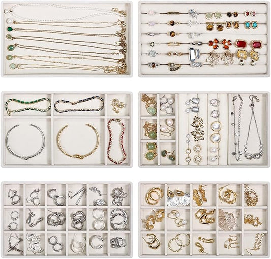 Stackable Jewelry Organizer Trays with Removable Dividers, 6-Tray Beige Jewelry Drawer Organizer Set for Earrings, Necklaces, Rings & Bracelets Gift for Her