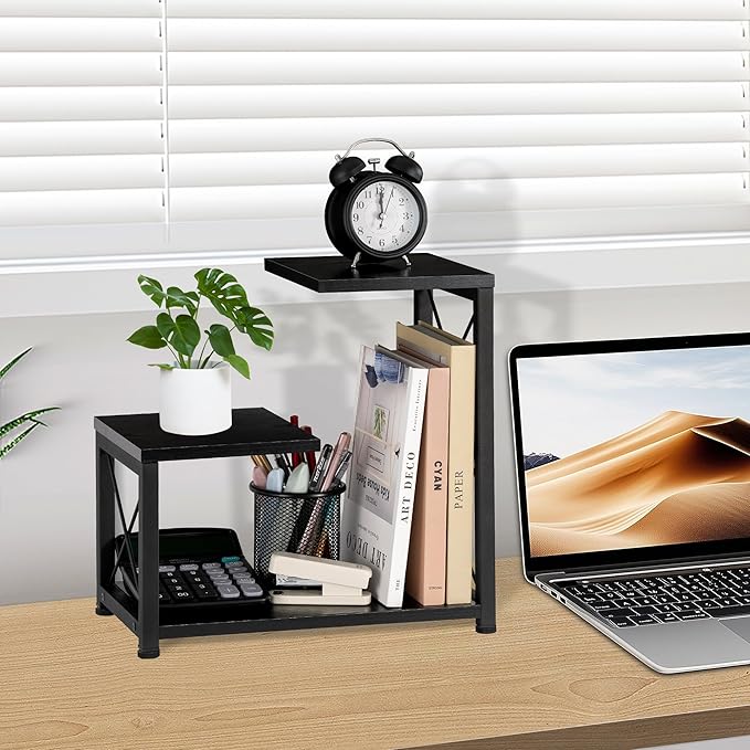 Desk Shelf Organizer, 3 Tier Storage Shelf Riser Display Stand, Wood Desktop Organizer Small Bookshelf, Desktop Shelf for Office Decor and Desk Accessories,Rustic Brown Black