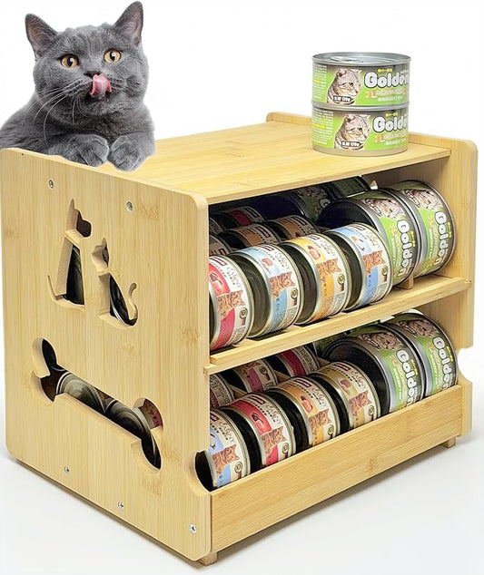 Bamboo Can Organizer for Pantry,Cat Food Organizer, 2 Tier Stackable Pet Food Can Organizer for Kitchen Pantry, Can Rack Organizer for Human and Pet Food Cans, FIFO Design