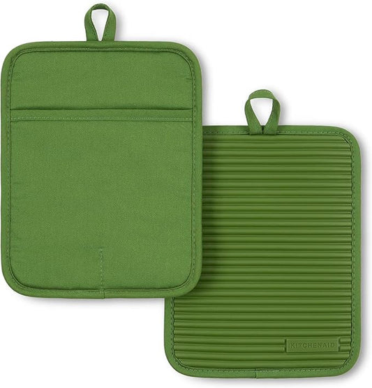 KitchenAid Ribbed Soft Silicone Pot Holder 2-Pack Set, Matcha, 7"x9"