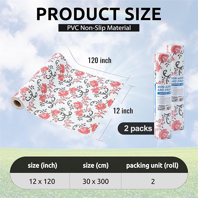 FIFTY FEET 12X120 Inch Shelf Liner for Kitchen Cabinets, PVC Drawer Liner for Dresser Non-Slip Bathroom, Non-Adhesive Cabinet Liner Washable (Red Floral)(2 Roll)