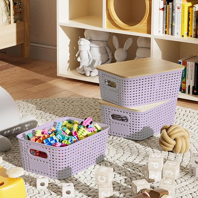 Plastic Storage Bins with Bamboo Lid - Pantry Storage Baskets with Lid - Stackable Container with Lable for Organizing Small Storage Box for Shelves Office Cabinet Drawer Closet 9x7x4 In - Purple 6Pcs