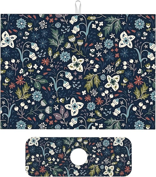 2Pcs Dish Drying Mats Faucet Mats Sets Large Size Coffee Mats Sink Faucet Mat Splash Guard for Kitchen Counter Bathroom Sink Coffee Bar Kitchen Decor (Cute Wildflowers, 18"x24" 15" x 5.5"Set)