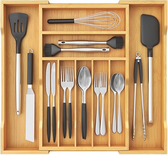 Lifewit Silverware Drawer Organizer, Expandable Utensil Tray for Kitchen, Bamboo Flatware and Cutlery Holder, Wood Adjustable Storage for Spoons Forks Knives, 31- 53 x 43cm, Natural