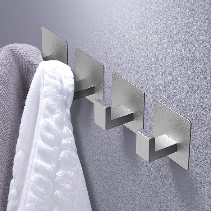 VAEHOLD 4 Pack Adhesive Towel Hooks, Heavy Duty Wall Hooks Aluminum Hooks Stick on Door, Kitchen, Bathroom for Hanging Coat, Hat, Towel, Robe, Clothes (Silver)
