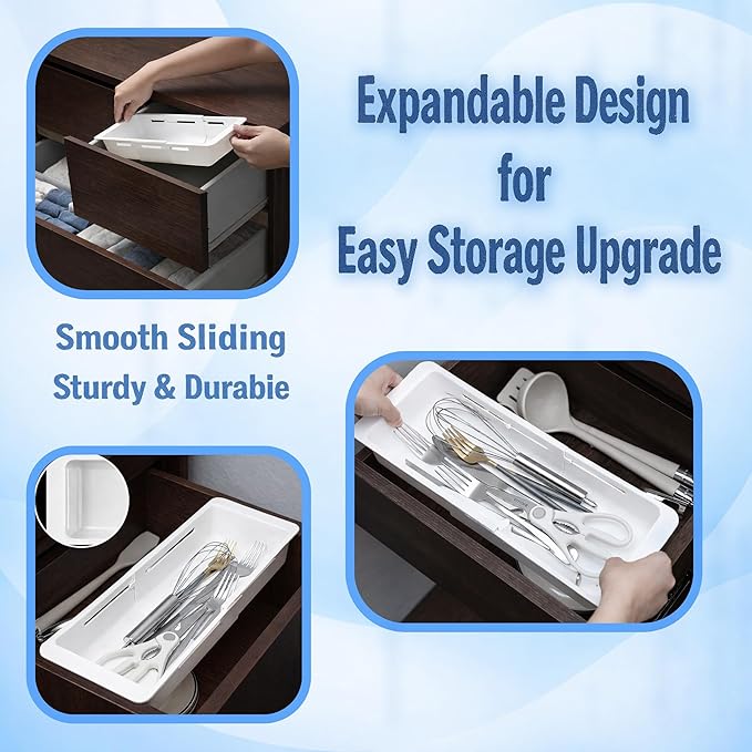 2-Pack Drawer Organizer for Deep Drawers with Smooth Sliding Design, Durable PP Expandable Modular Storage Tray for Makeup, Office Supplies, Kitchen Tools, Vertical Space-Saving Organizer