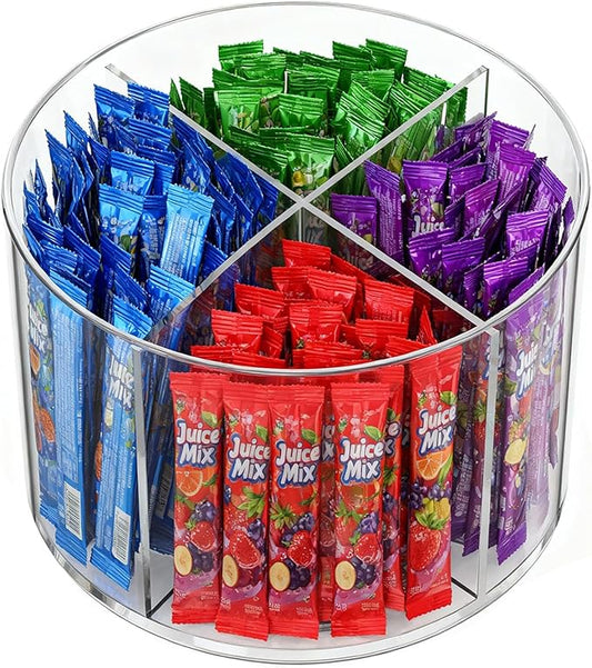 Drink Packet Organizer with 4 Dividers, 360° Rotating Clear Acrylic Lazy Susan for Powdered Drink Mixes, Coffee Pods & Kitchen Pantry Organization