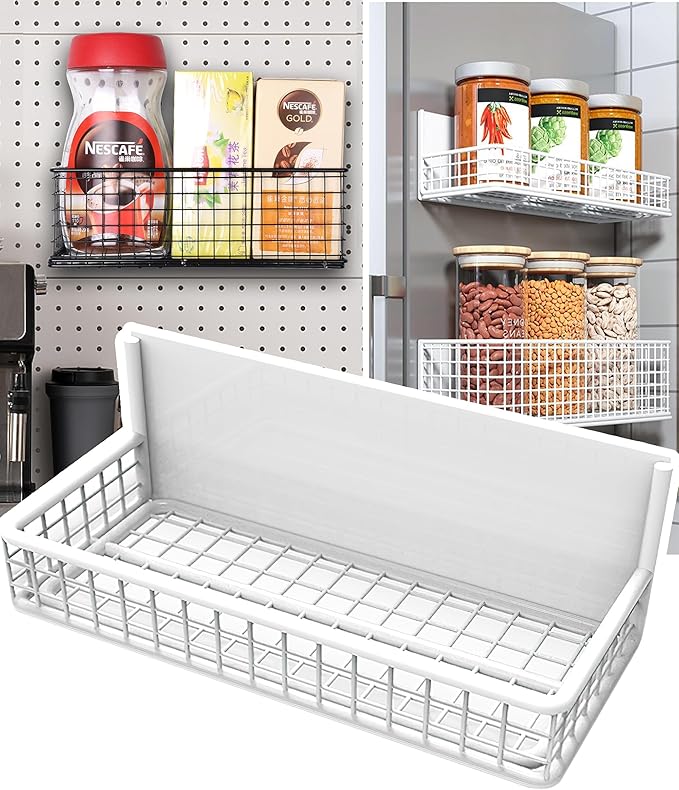 LIFEFAN Magnetic Basket Fridge Large Magnetic Pen Holder Whiteboard Metal Wire Basket Storage Item Organizer (White-Low)