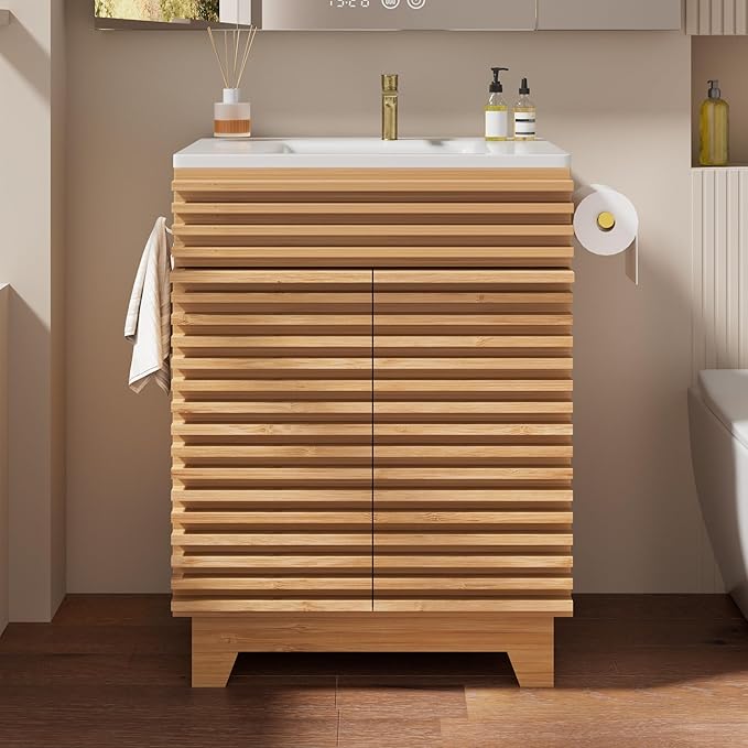 VNN 24 Inch Bathroom Vanity with Ceramic Sink - Freestanding Storage Cabinet with Fluted Design, Soft-Close Doors and Shelves, Compact Modern Storage for Small Bathrooms/Powder Rooms, Natural Oak